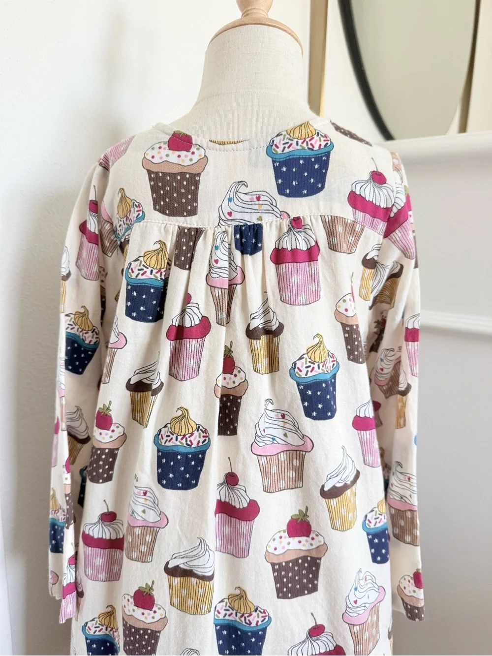 Pink Chicken Girls 5Y Cupcake Dessert Print Long Sleeve Dress Cream Pink